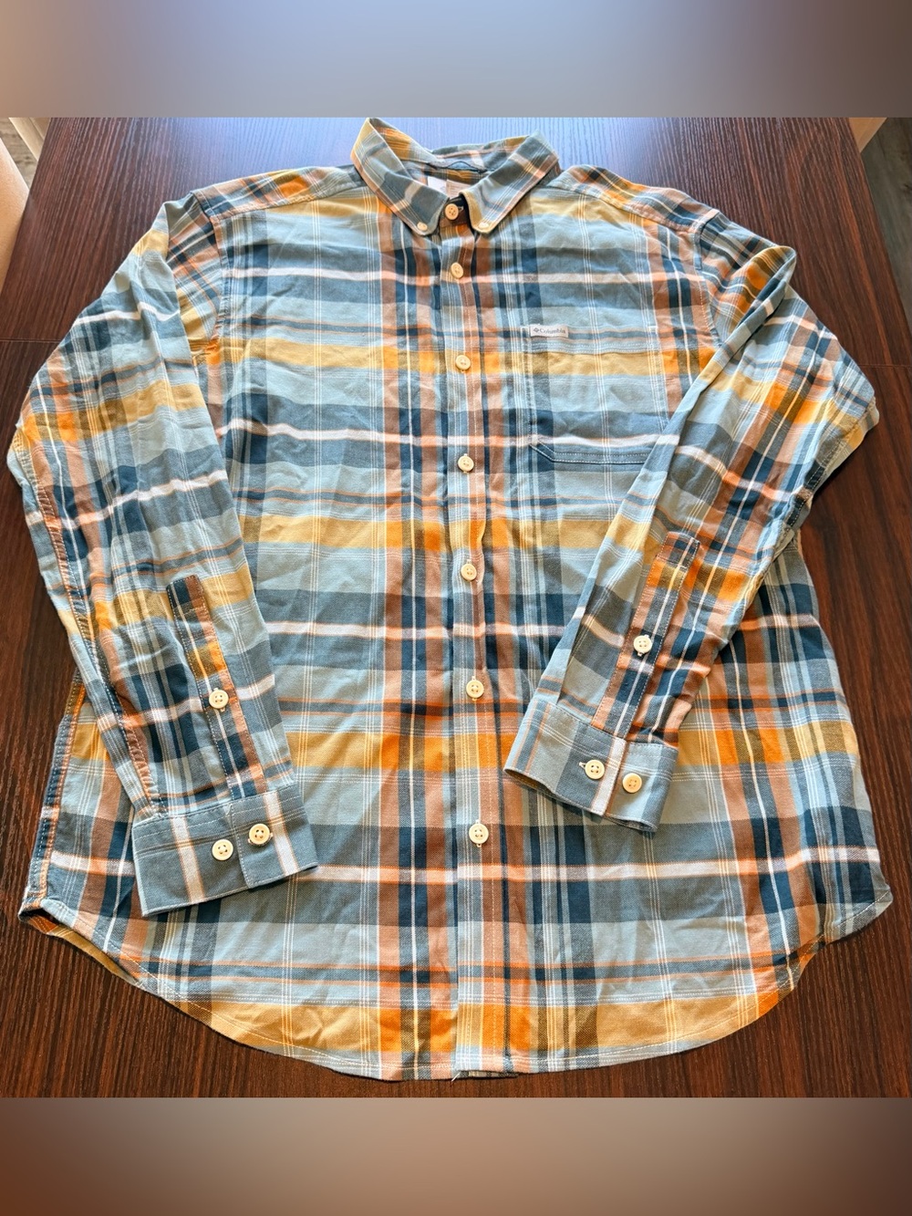 Columbia Mens Blue Orange White Cornell Woods Long Sleeve Plaid Shirt Size L